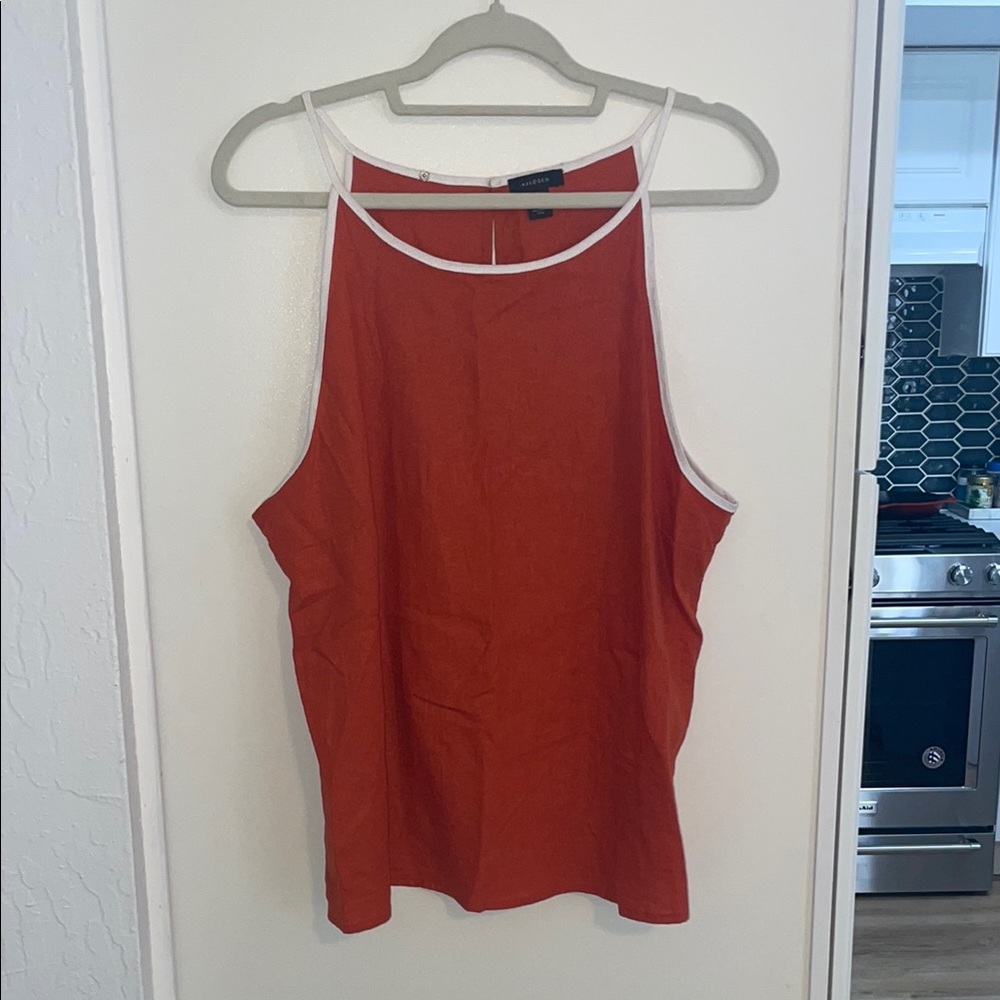 Halogen Orange (Rust) Sleeveless Linen Blend Tank Top with White Trim | L